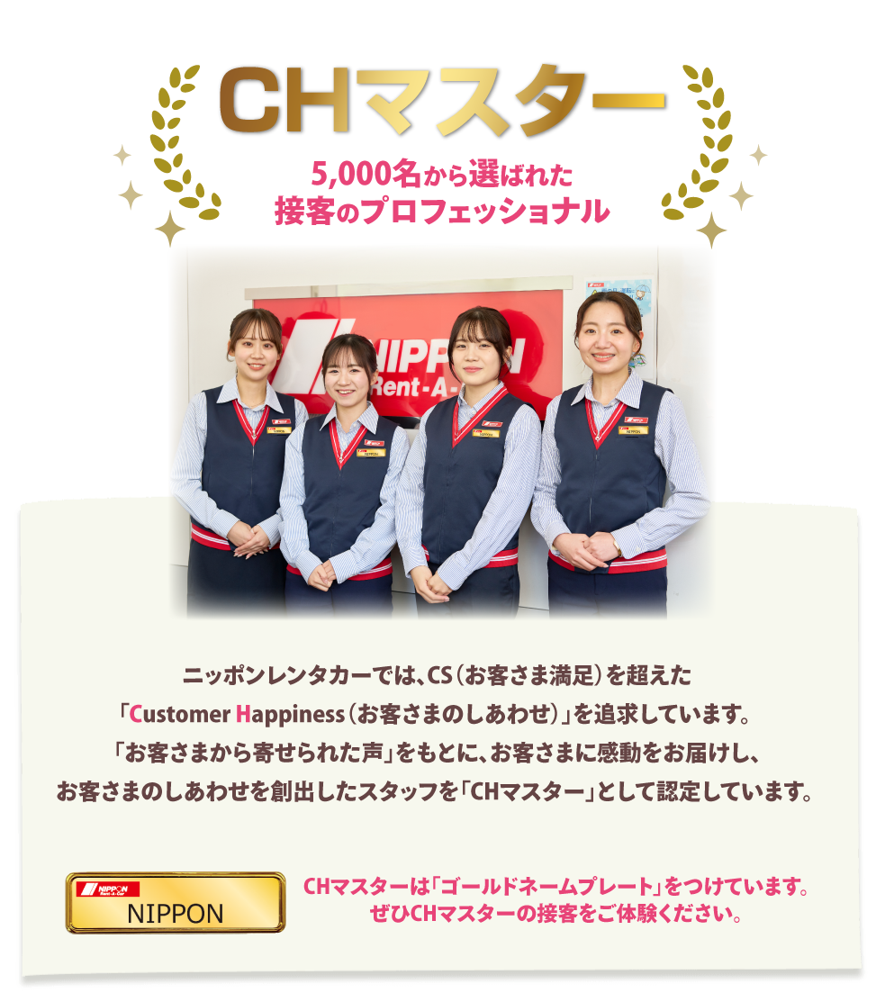 マニュアルを超えた接客で、お客さまに感動をお届けします！
              ニッポンレンタカーは、日本の「おもてなし」の心を世界に広め、お客さまの笑顔を大切にしながら、心に響く「感動」や「幸せ」を感じていただけるよう日々挑戦しております。
              当社では、Customer Satisfaction（顧客満足度向上）を超えた
              「Customer Happiness（お客さまの幸せ）」を創出する取り組みを推進しております。
              その中で、全国の営業所にてご利用いただいたお客さまの声（CSアンケート）から、
              「感動した」や「幸せな気持ちになった」などお褒めの言葉をいただいたスタッフの中で
              特に優れたスタッフを【CHマスター】として認定しております。
              全国各地のCHマスターをご紹介させていただきます。
              お近くの地域でご利用の際には、ぜひCHマスターの接客を体験してみてください！
              ※CHマスターとは「Customer Happiness（お客さまの幸せを創出）」するスタッフを示します。