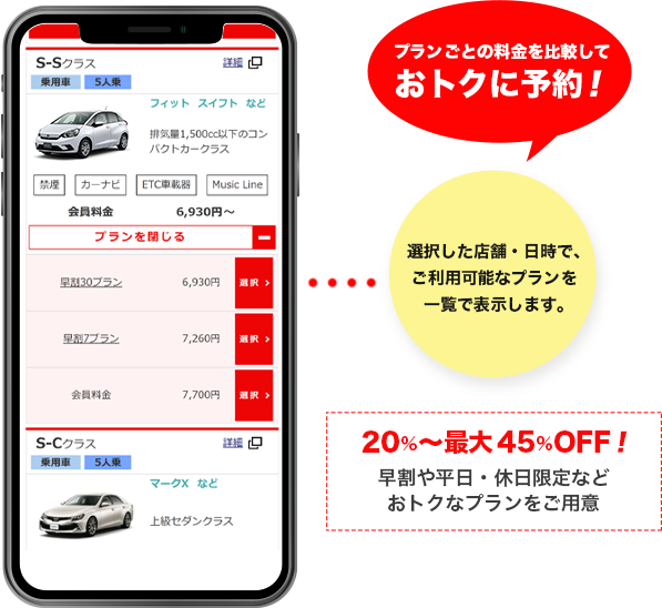 プランごとの料金を比較しておトクに予約！選択した店舗・日時で、ご利用可能なプランを一覧で表示します。
                    20%～最大45%OFF！早割や平日・休日限定などおトクなプランをご用意